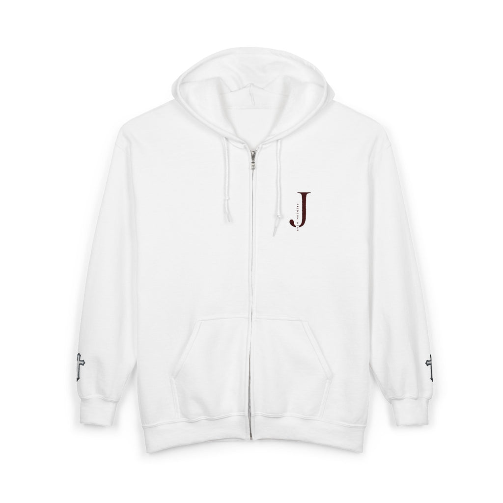 Initial J Monogram Zip Hoodie - Minimal White Full-Zip Sweatshirt