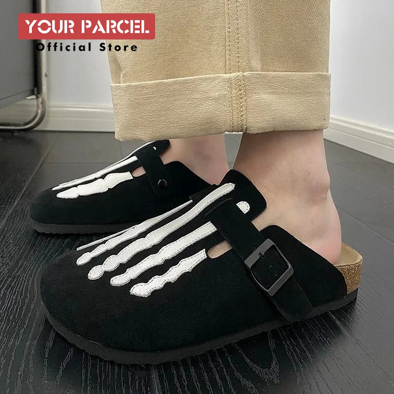 Bone Embroidered Boken Shoes for Men Unique Design Fashionable Leather Women'S Slippers Capsules Feet Flat Shoes Unisex
