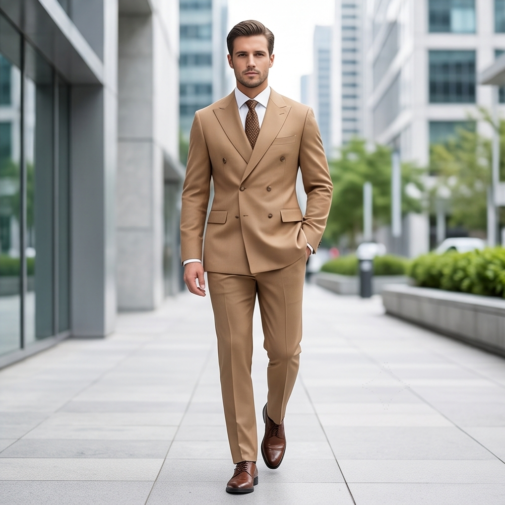The Sovereign Double-Breasted Slim-Fit Suit – Camel Wool Blend