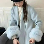 Elegant OL Office Lady Overcoats Fur Patchwork Long Sleeve Woolen Coat Beautiful Women'S Clothing Jacket Autumn 2025 Winter