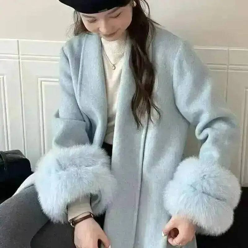 Elegant OL Office Lady Overcoats Fur Patchwork Long Sleeve Woolen Coat Beautiful Women'S Clothing Jacket Autumn 2025 Winter