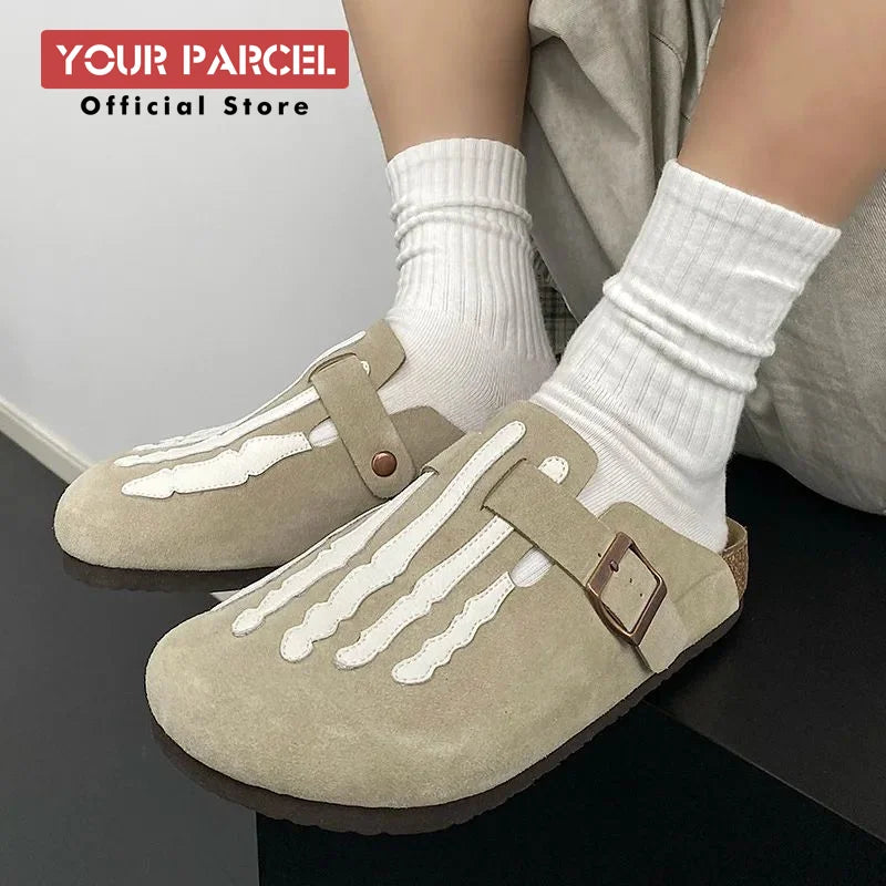 Bone Embroidered Boken Shoes for Men Unique Design Fashionable Leather Women'S Slippers Capsules Feet Flat Shoes Unisex