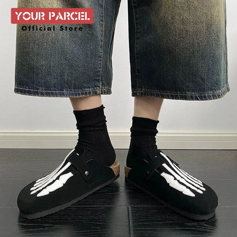 Bone Embroidered Boken Shoes for Men Unique Design Fashionable Leather Women'S Slippers Capsules Feet Flat Shoes Unisex