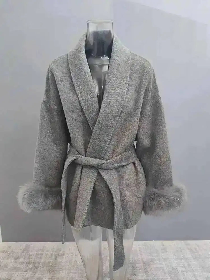 Elegant OL Office Lady Overcoats Fur Patchwork Long Sleeve Woolen Coat Beautiful Women'S Clothing Jacket Autumn 2025 Winter