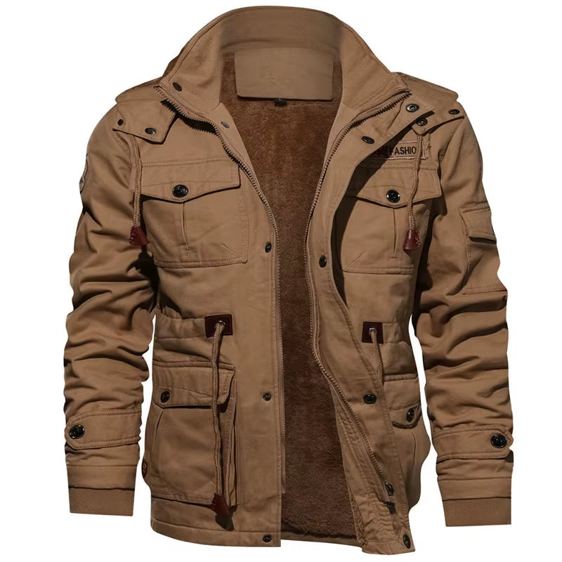 Men'S Hooded Winter Jackets Plush Thickened Coat Autumn Large Tactical Cotton Medium and Long Work Clothes Bomber Tactical Coats
