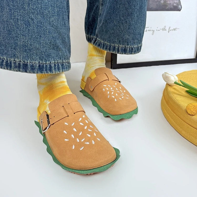 Fashion Yellow Hamburger Slippers Adult Metal Belt Buckle Soft Flat Outwear Thick-Soled Casual Beach Sandals New Shoes for Women