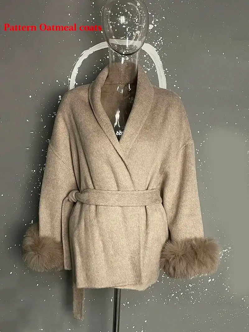 Elegant OL Office Lady Overcoats Fur Patchwork Long Sleeve Woolen Coat Beautiful Women'S Clothing Jacket Autumn 2025 Winter