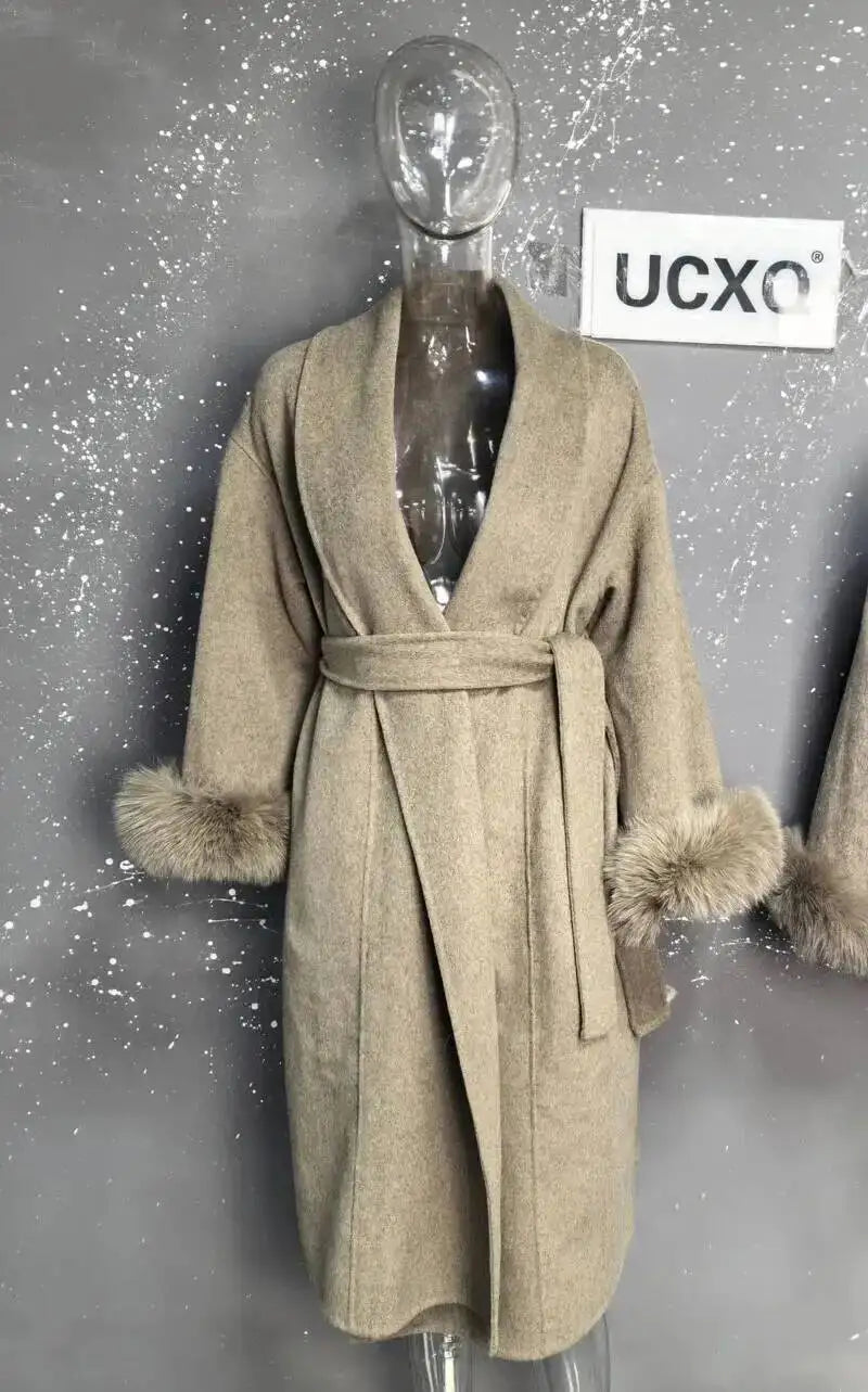 Elegant OL Office Lady Overcoats Fur Patchwork Long Sleeve Woolen Coat Beautiful Women'S Clothing Jacket Autumn 2025 Winter