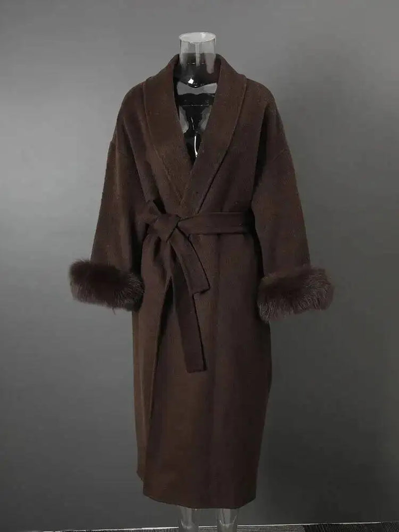 Elegant OL Office Lady Overcoats Fur Patchwork Long Sleeve Woolen Coat Beautiful Women'S Clothing Jacket Autumn 2025 Winter
