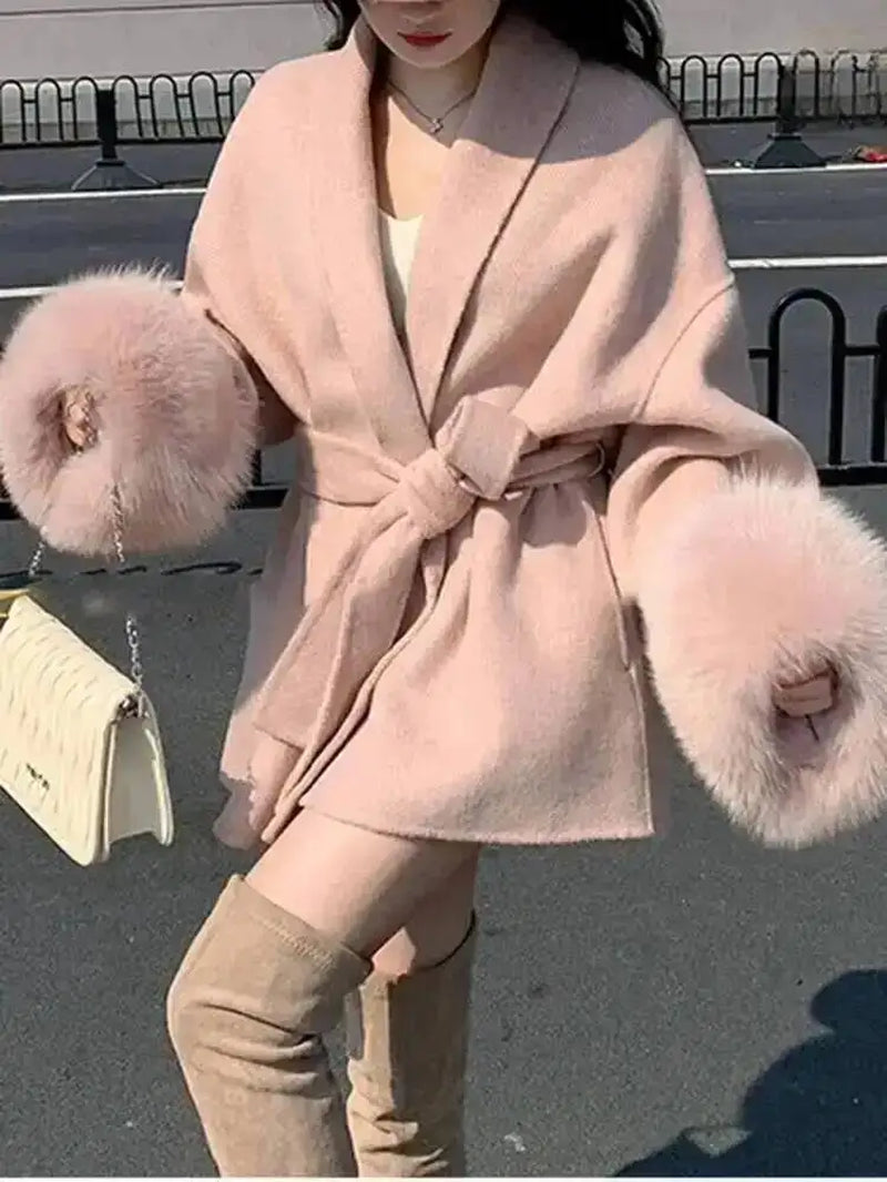 Elegant OL Office Lady Overcoats Fur Patchwork Long Sleeve Woolen Coat Beautiful Women'S Clothing Jacket Autumn 2025 Winter