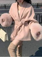 Elegant OL Office Lady Overcoats Fur Patchwork Long Sleeve Woolen Coat Beautiful Women'S Clothing Jacket Autumn 2025 Winter