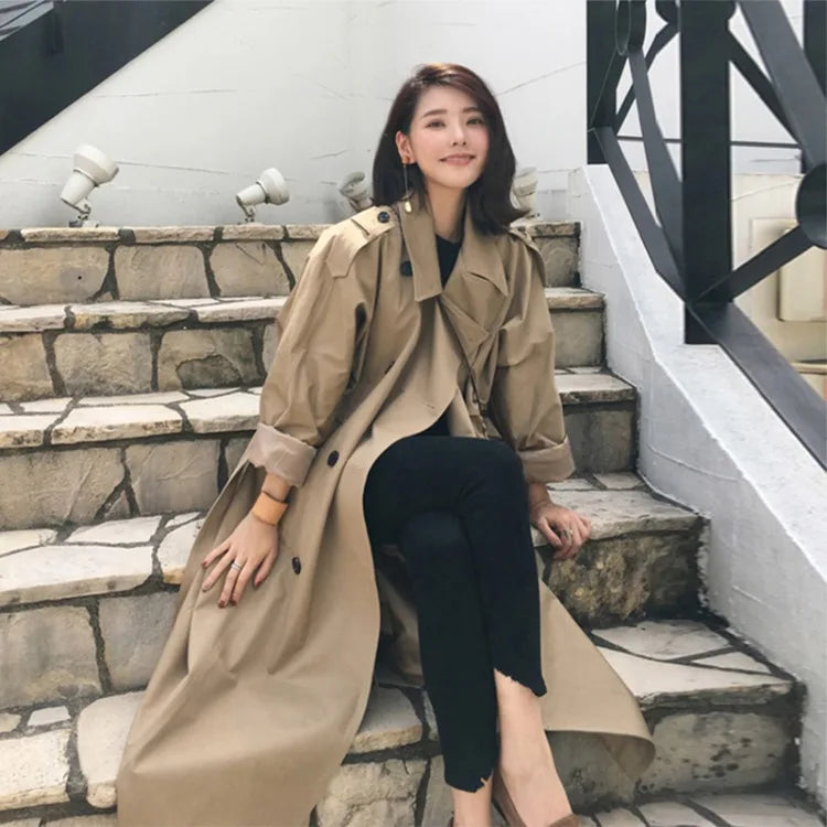 Women’s Korean-Style Long Windbreaker Coat – Loose Fit Casual Spring & Autumn Outerwear