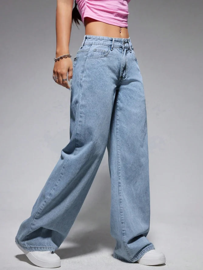 Women’s Blue-White Baggy Wide-Leg Jeans