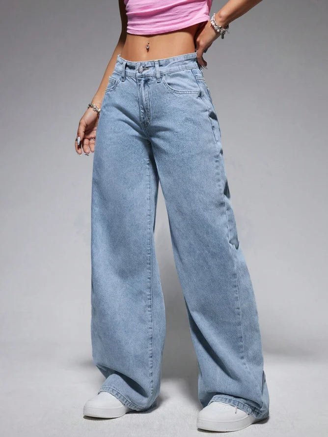 Women’s Blue-White Baggy Wide-Leg Jeans