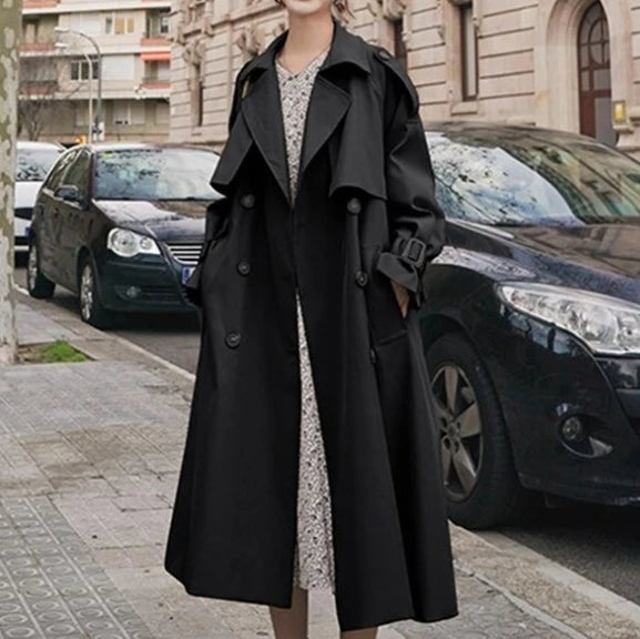 Women’s Korean-Style Long Windbreaker Coat – Loose Fit Casual Spring & Autumn Outerwear