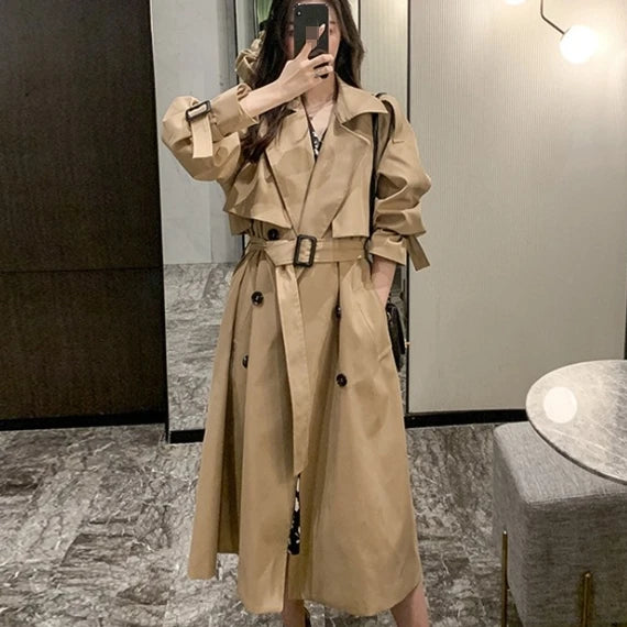 Women’s Korean-Style Long Windbreaker Coat – Loose Fit Casual Spring & Autumn Outerwear