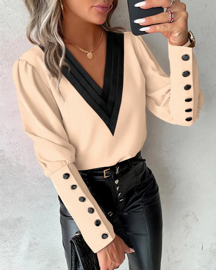 Women’s Elegant V-Neck Shirt – Long Sleeve Button-Up Solid Colour Blouse for Office & Casual Wear