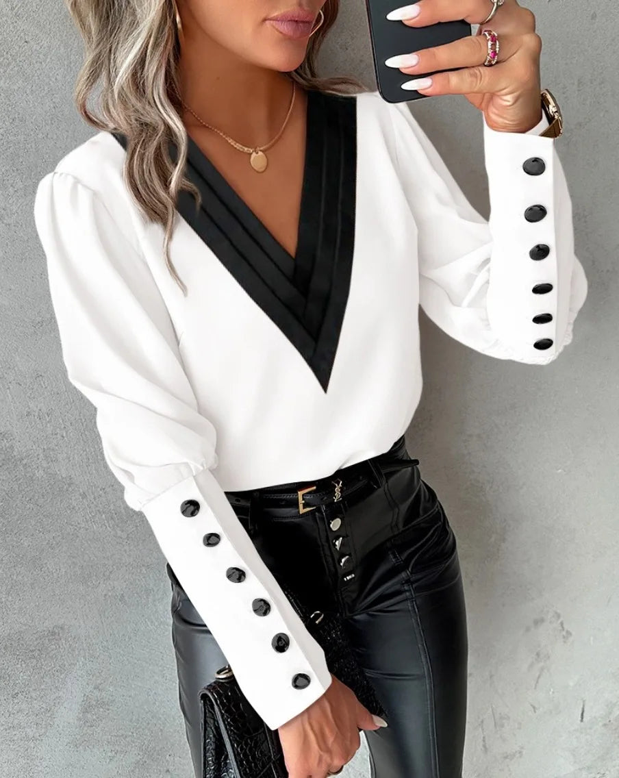 Women’s Elegant V-Neck Shirt – Long Sleeve Button-Up Solid Colour Blouse for Office & Casual Wear