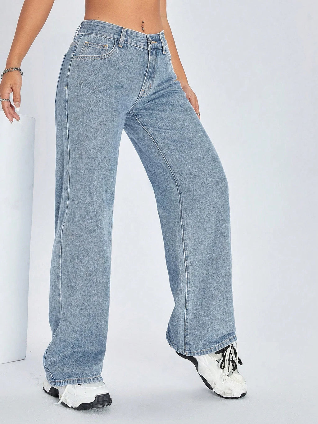 Women’s Blue-White Baggy Wide-Leg Jeans