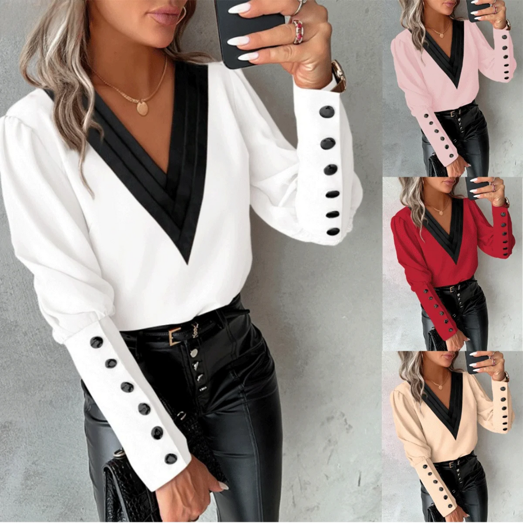 Women’s Elegant V-Neck Shirt – Long Sleeve Button-Up Solid Colour Blouse for Office & Casual Wear