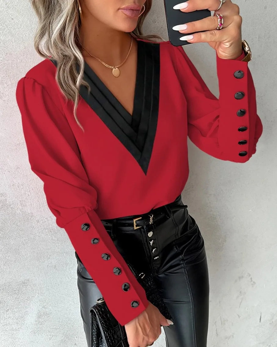 Women’s Elegant V-Neck Shirt – Long Sleeve Button-Up Solid Colour Blouse for Office & Casual Wear