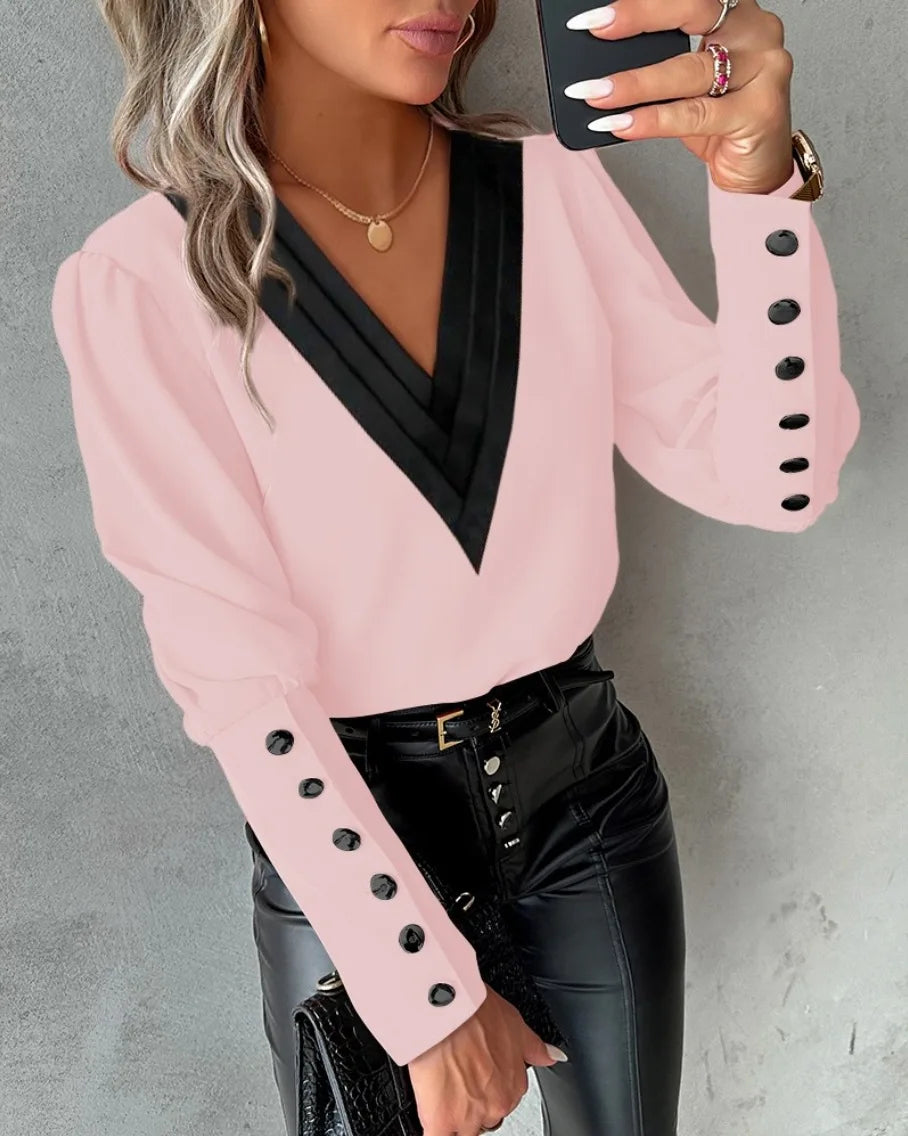 Women’s Elegant V-Neck Shirt – Long Sleeve Button-Up Solid Colour Blouse for Office & Casual Wear