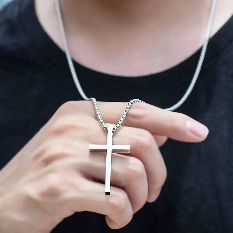 Stainless Steel Cross Pendant Necklace – Unisex Silver Chain Jewelry