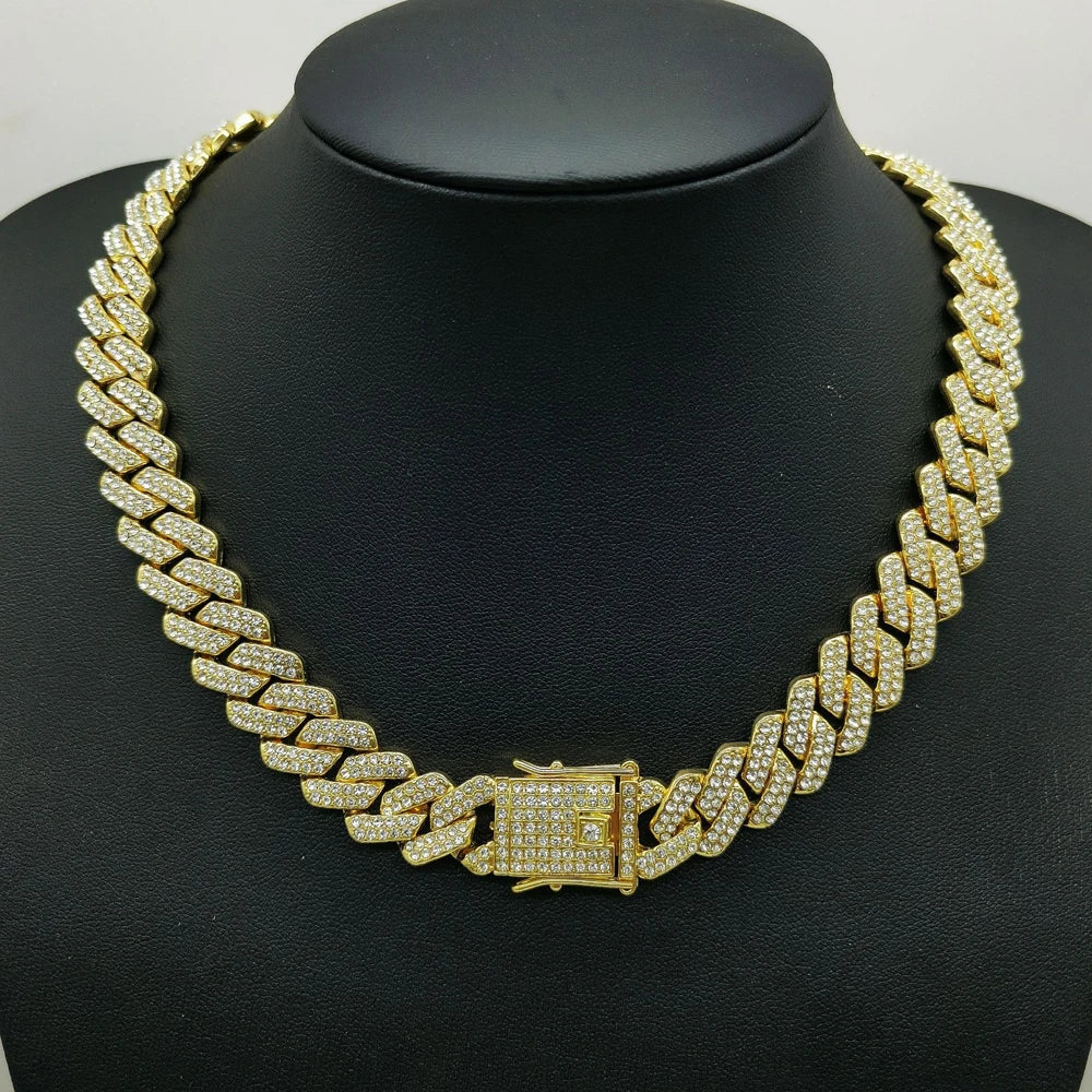 14MM Iced-Out Cuban Link Necklace – Men’s CZ Rhinestone Hip Hop Chain