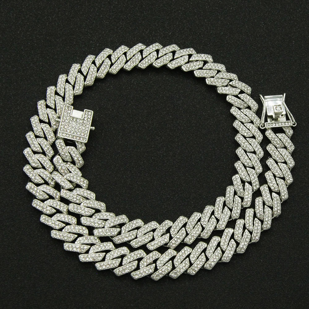 14MM Iced-Out Cuban Link Necklace – Men’s CZ Rhinestone Hip Hop Chain