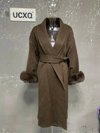 Elegant OL Office Lady Overcoats Fur Patchwork Long Sleeve Woolen Coat Beautiful Women'S Clothing Jacket Autumn 2025 Winter