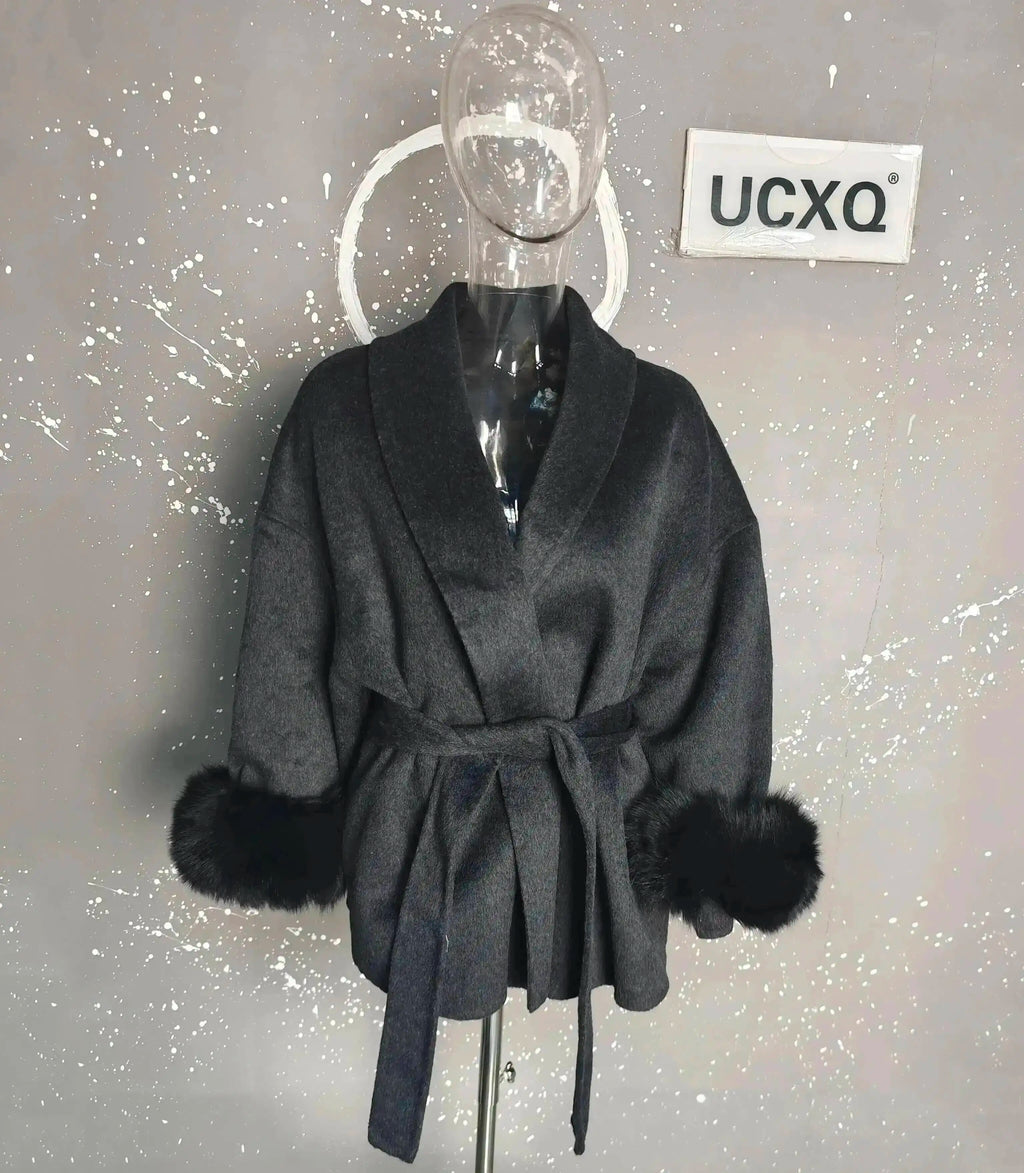 Elegant OL Office Lady Overcoats Fur Patchwork Long Sleeve Woolen Coat Beautiful Women'S Clothing Jacket Autumn 2025 Winter