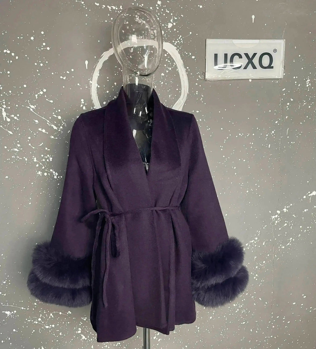 Elegant OL Office Lady Overcoats Fur Patchwork Long Sleeve Woolen Coat Beautiful Women'S Clothing Jacket Autumn 2025 Winter