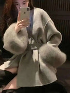 Elegant OL Office Lady Overcoats Fur Patchwork Long Sleeve Woolen Coat Beautiful Women'S Clothing Jacket Autumn 2025 Winter