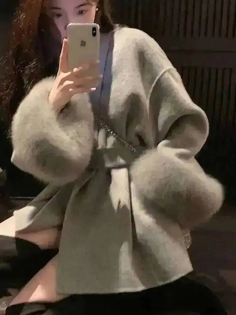 Elegant OL Office Lady Overcoats Fur Patchwork Long Sleeve Woolen Coat Beautiful Women'S Clothing Jacket Autumn 2025 Winter