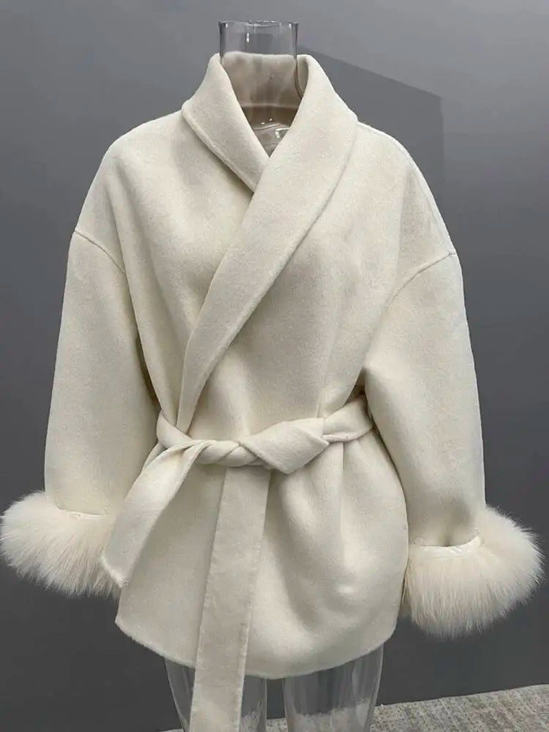 Elegant OL Office Lady Overcoats Fur Patchwork Long Sleeve Woolen Coat Beautiful Women'S Clothing Jacket Autumn 2025 Winter
