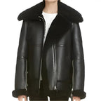 Women’s Black Aviator Leather Jacket with Faux-Fur Lining