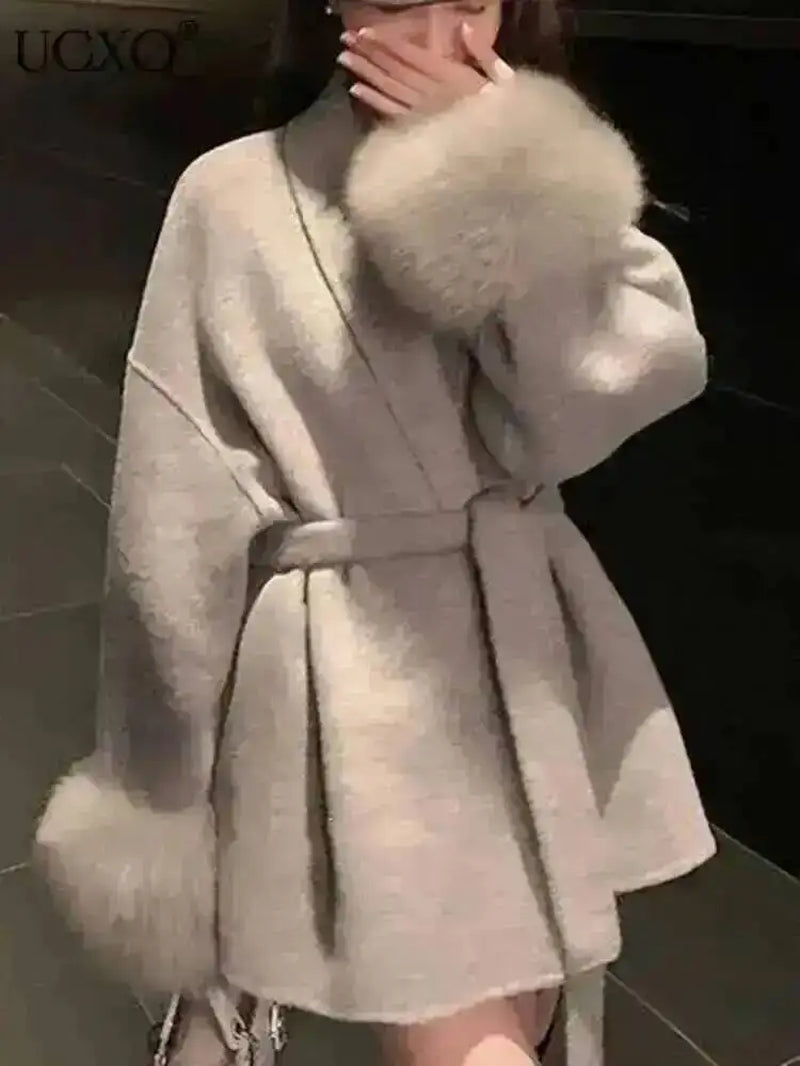 Elegant OL Office Lady Overcoats Fur Patchwork Long Sleeve Woolen Coat Beautiful Women'S Clothing Jacket Autumn 2025 Winter