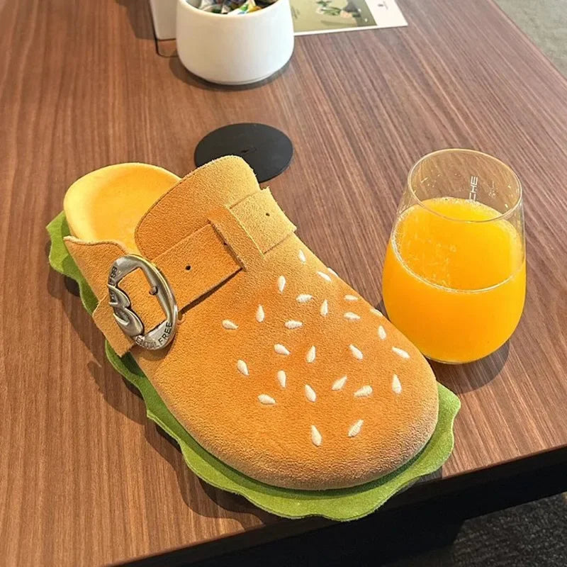 Fashion Yellow Hamburger Slippers Adult Metal Belt Buckle Soft Flat Outwear Thick-Soled Casual Beach Sandals New Shoes for Women