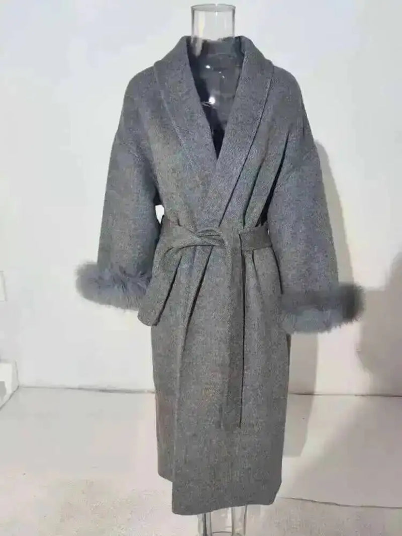 Elegant OL Office Lady Overcoats Fur Patchwork Long Sleeve Woolen Coat Beautiful Women'S Clothing Jacket Autumn 2025 Winter