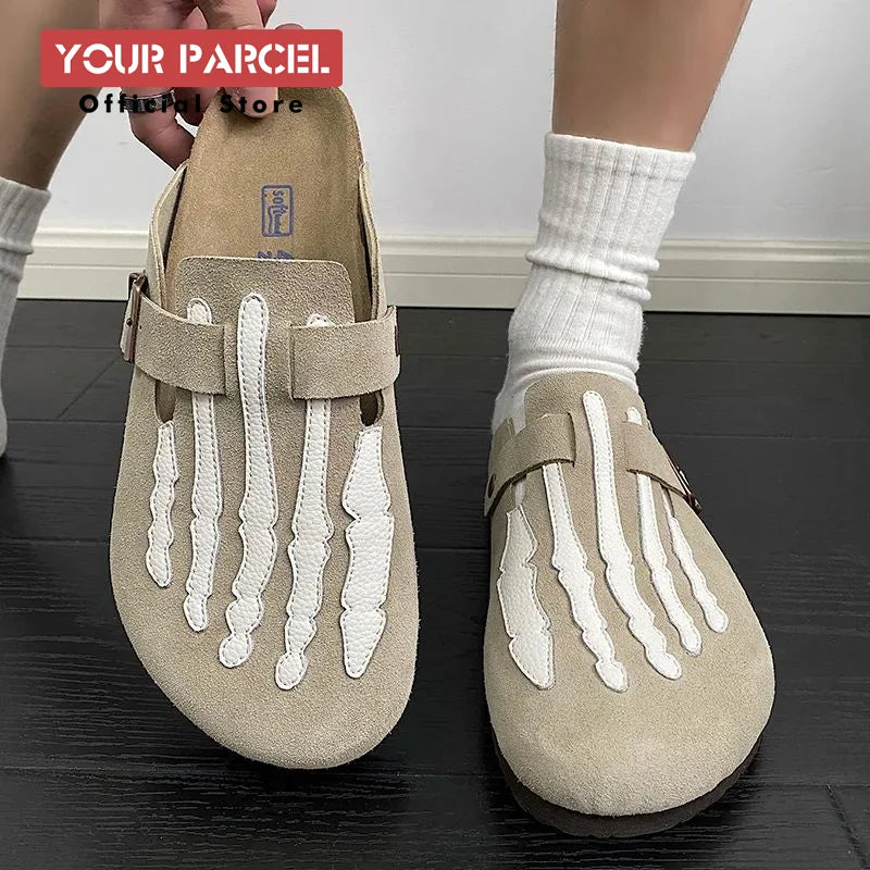 Bone Embroidered Boken Shoes for Men Unique Design Fashionable Leather Women'S Slippers Capsules Feet Flat Shoes Unisex