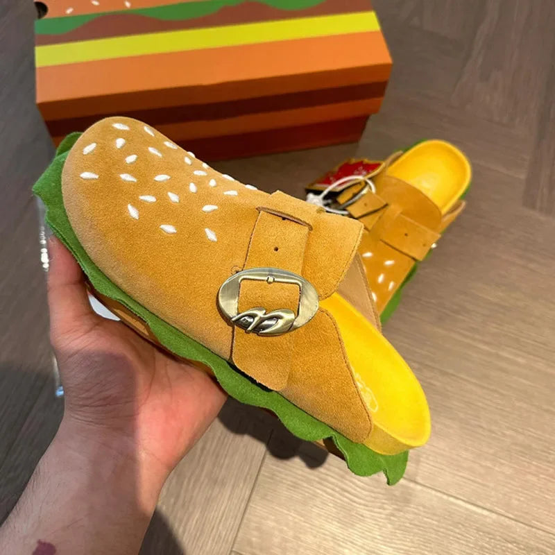 Fashion Yellow Hamburger Slippers Adult Metal Belt Buckle Soft Flat Outwear Thick-Soled Casual Beach Sandals New Shoes for Women
