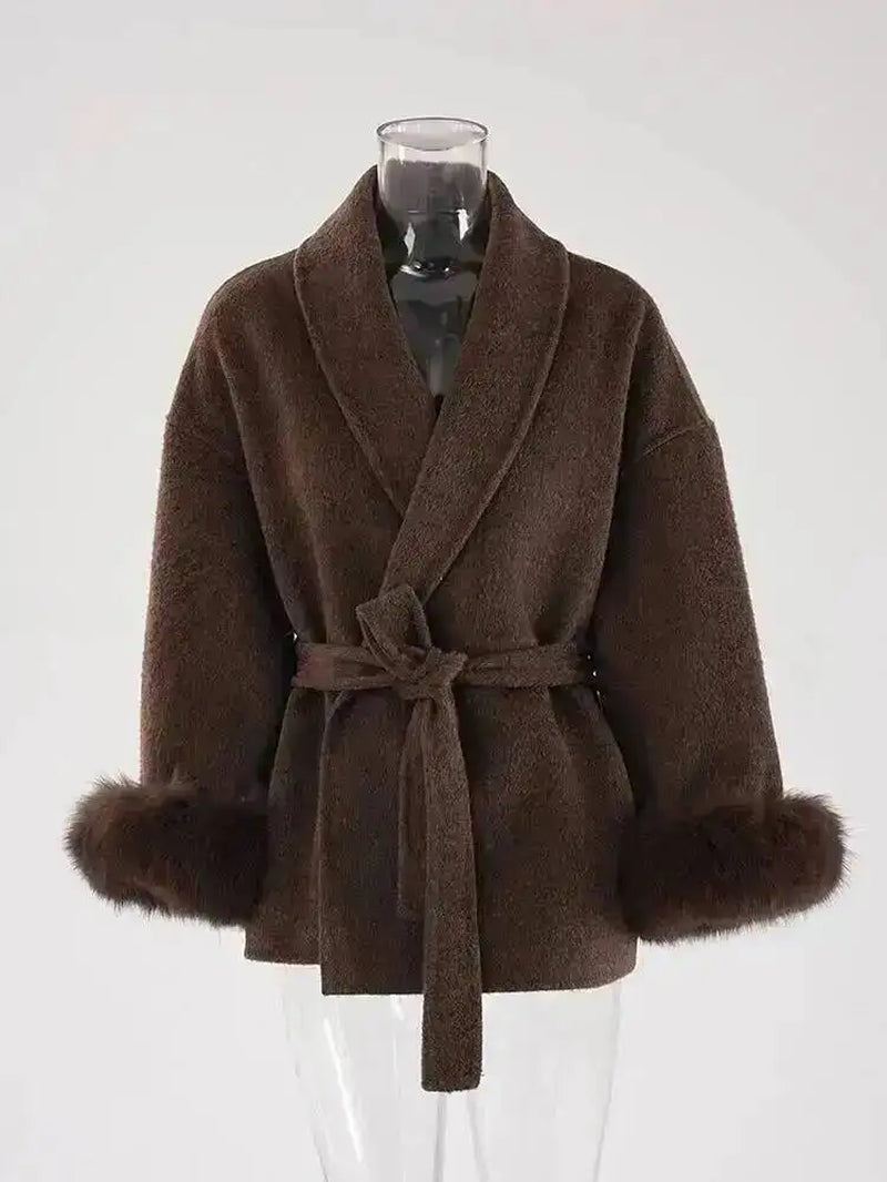 Elegant OL Office Lady Overcoats Fur Patchwork Long Sleeve Woolen Coat Beautiful Women'S Clothing Jacket Autumn 2025 Winter